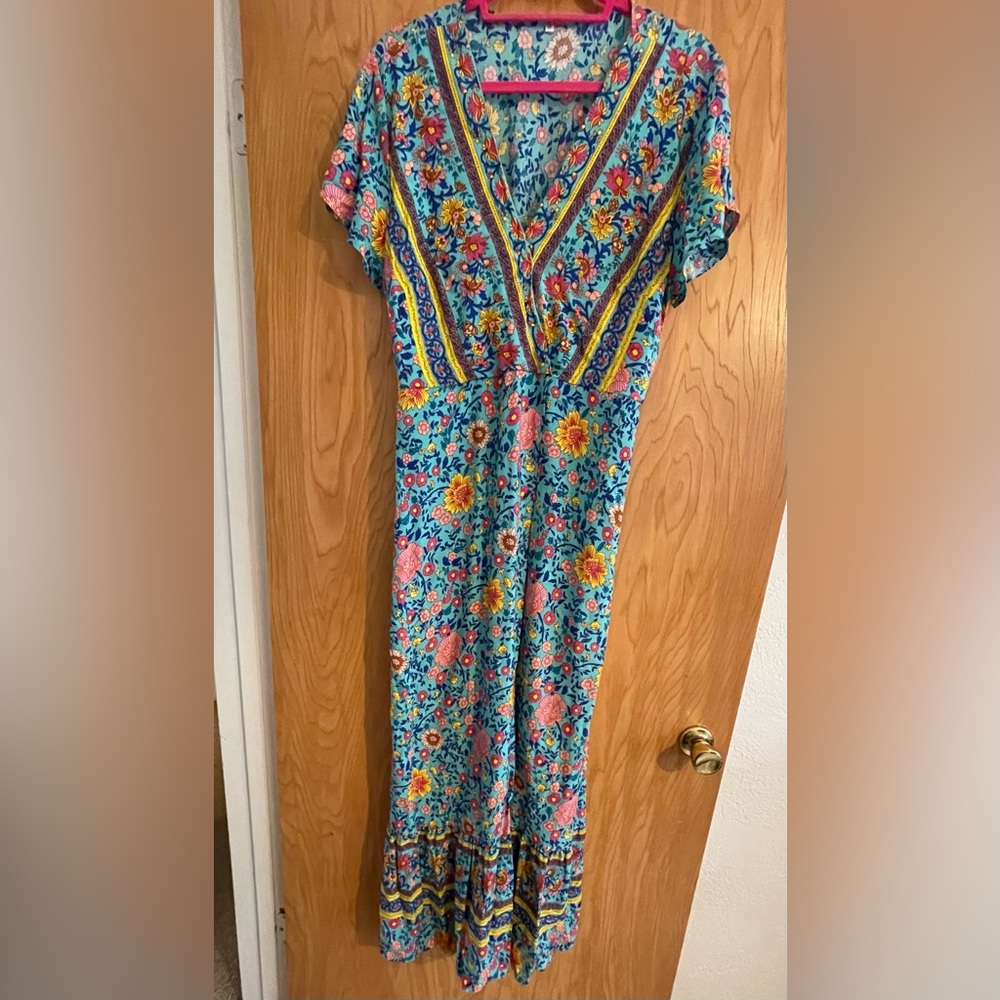Boho Maxi Dress Turquoise and Pink